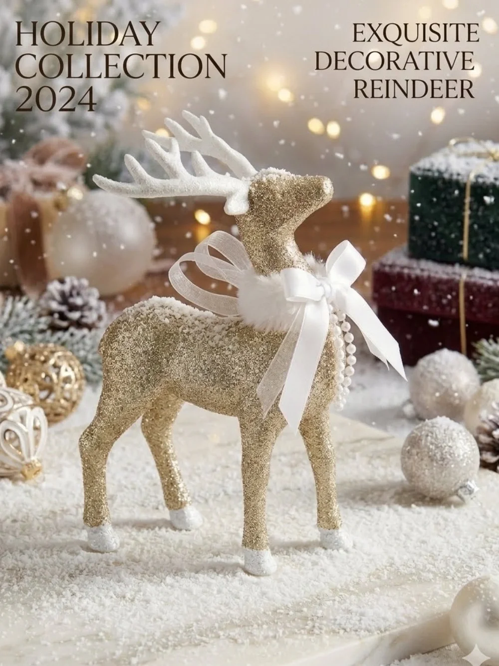Elegant Gold Glitter Reindeer Figurine Holiday Decor White Ribbon Pearl & Fur
